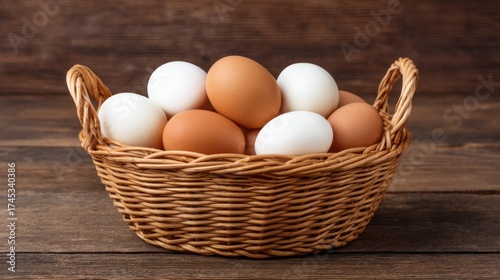 Wallpaper Mural Variety of Fresh Eggs in a Woven Basket on a Rustic Wooden Background Perfect for Culinary and Farmhouse Decor Themes Torontodigital.ca