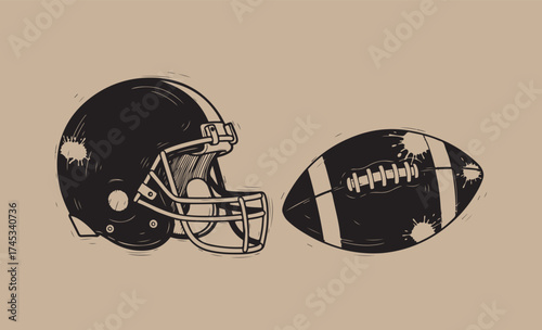 American football helmet and ball illustration on a neutral background
