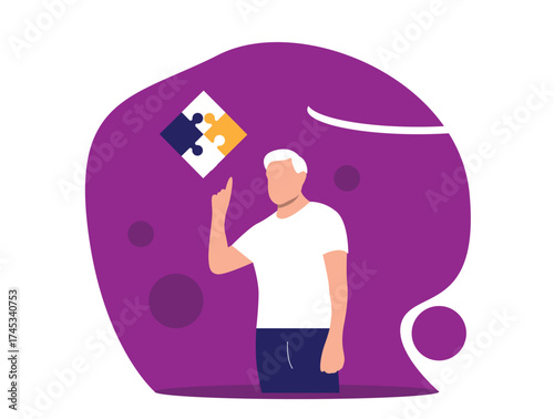 Young Man with Jigsaw Puzzle Solution Finger Pointing Up. People and ideas generation vector art, announcement graphic template