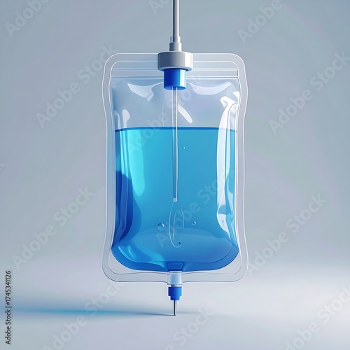 Clear IV bag filled with vibrant blue liquid, suspended