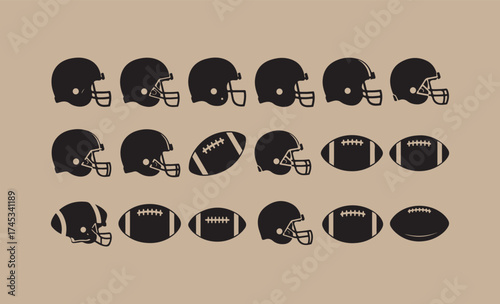 Collection of american football helmets and footballs on a textured background