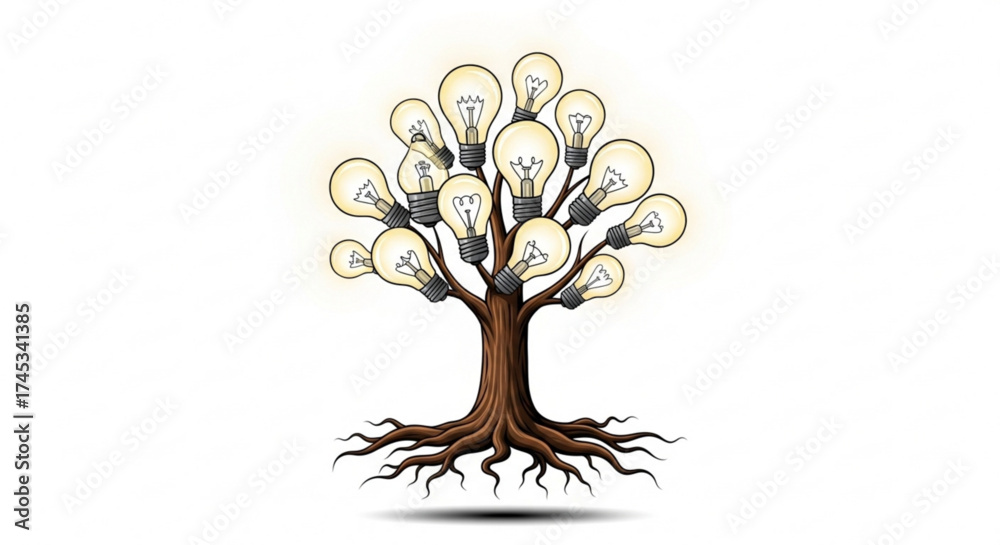Fototapeta premium Illustration of a tree with a brown trunk and roots and light bulbs as leaves on a white background