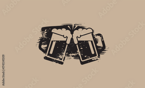Two beer mugs clinking together in a toast with a rustic grunge texture