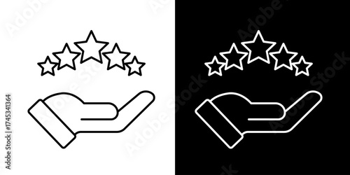 Vector line icon of a hand holding five stars representing excellent rating, quality assurance, or customer satisfaction in simple black and white outline style