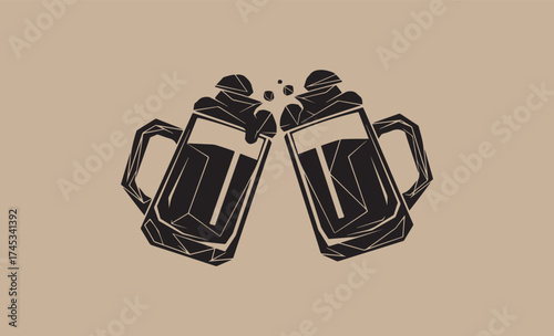 Two dark beer mugs clinking together with frothy heads and bubbles