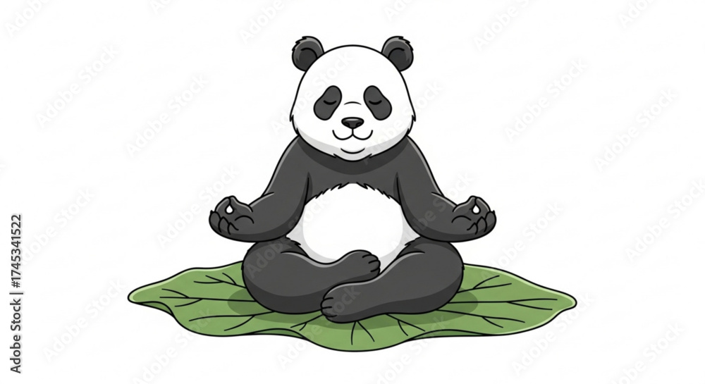 Fototapeta premium Cartoon panda meditating on a green leaf with eyes closed and a serene expression on its face calmly