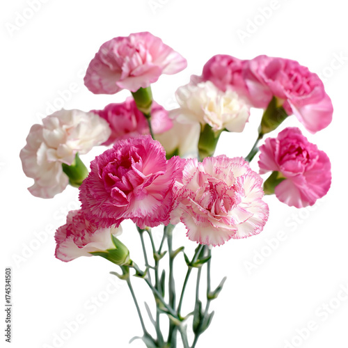 A beautiful bouquet of pink and white carnations, isolated on transparent background, perfect for floral arrangements and spring themes
