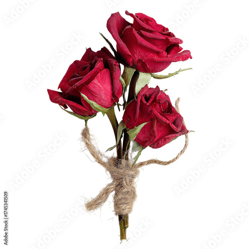 Three deep red roses tied with twine, isolated on transparent background, symbolizing love and romance, perfect for floral arrangements and celebrations