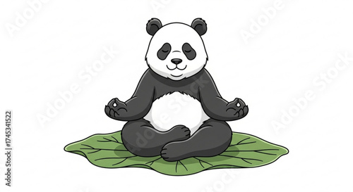 Cartoon panda meditating on a green leaf with eyes closed and a serene expression on its face calmly
