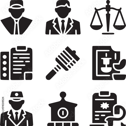 Nine black and white icons depicting law related symbols and professions in a square arrangement
