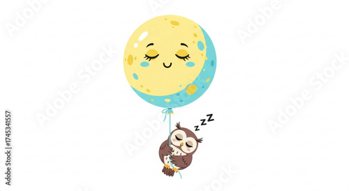 Sleeping owl hanging from a moon balloon with a smiling face and closed eyes in a whimsical illustration