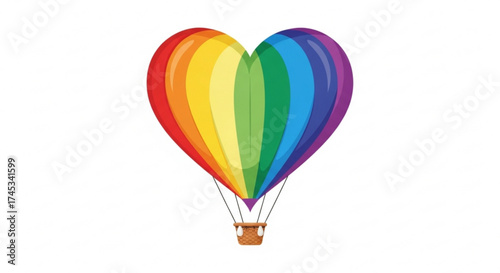 A rainbow heart shaped hot air balloon with a brown basket floating on a white background illustration