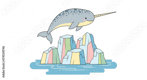 Illustration of a cute narwhal swimming above colorful icebergs in a serene arctic ocean environment