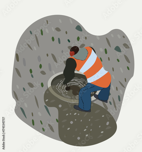 City maintenance worker cleaning drain