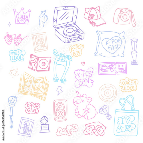 set of doodle-style items that support Korean K-pop celebrities. Items for fans of musicians and bands. Albums, toys, souvenirs, musical equipment, and flashlights. colorful outline. Love South Korea