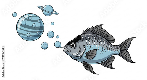 Illustration of a fish blowing bubbles that look like planets and moons in a space scene view design