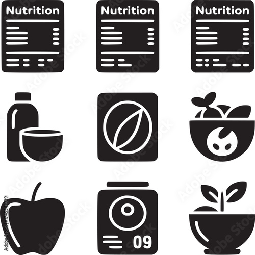 Nine black and white icons depicting nutrition facts, a bottle, seeds, and various healthy foods