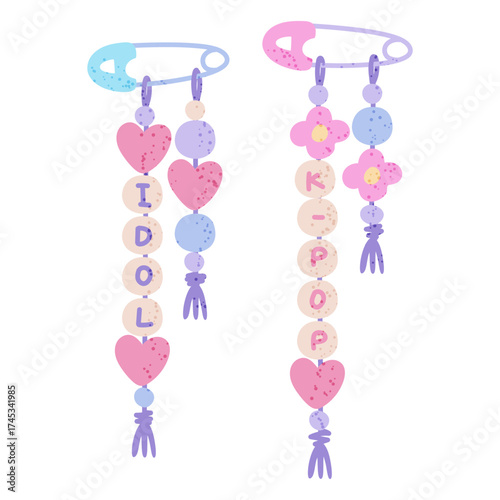 Beaded pins with the inscription love kpop, fan support for kpop celebrities of Korea. Flat color isolated illustration with texture. Pins with flowers, hearts. Support. fashion. Love for South Korea