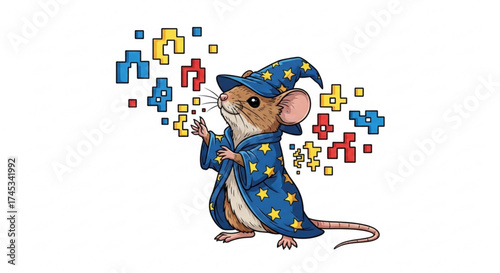 Illustration of a mouse wizard casting a spell with pixelated blocks in blue yellow and red colors