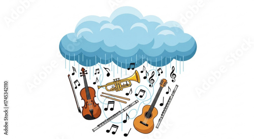 Illustration of musical instruments including a violin guitar trumpet and flute under a rain cloud