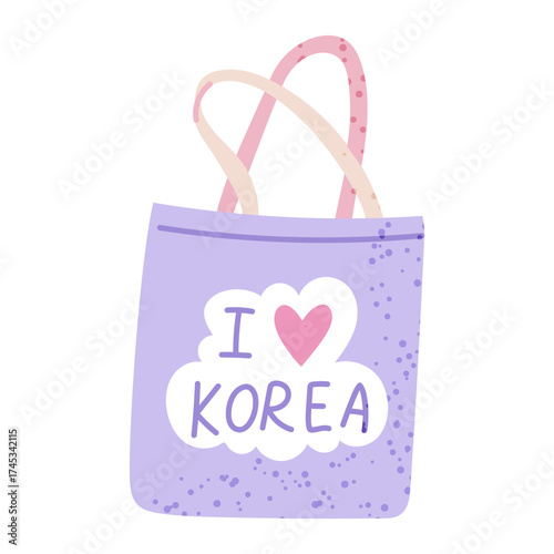 Shopper with the text I love Korea, fan support for Korean K-pop celebrities. Flat color isolated illustration with texture. Item for purchase. Support. Youth fashion. Love for South Korea
