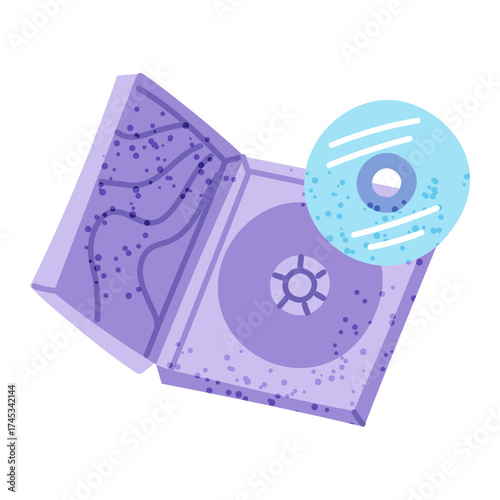 Open box with a disc, fan support for Korean K-pop celebrities. Flat color isolated illustration with texture. The album of the music band is recorded on a disc. Youth fashion. Love for South Korea