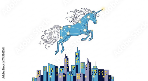 Constellation unicorn leaping over a city skyline with glowing windows and star filled mane and tail