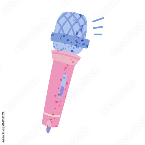 Microphone for performances, fan support for Korean K-pop celebrities. Flat color isolated illustration with texture. Musical equipment for concerts. Youth fashion. Love for South Korea