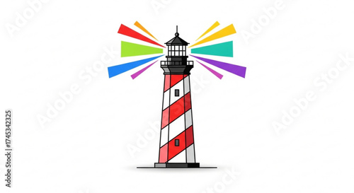 A red and white striped lighthouse with a black top emitting colorful light beams on a white background