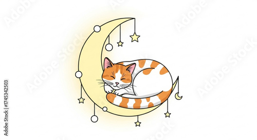 Orange and white cat sleeping curled up on a crescent moon with hanging stars and circles illustration art