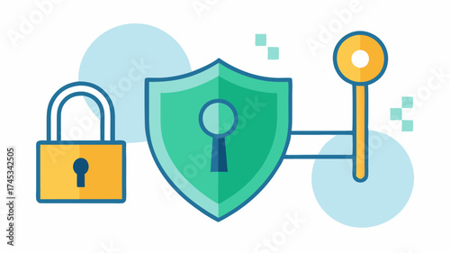 A digital lock and key overlapping with a shield symbolizing encryption measures in securing data transmission.