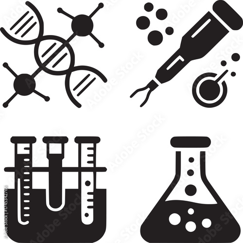A black and white illustration of scientific equipment including dna test tubes and a flask icon set