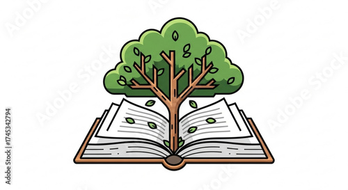 Illustration of an open book with a tree growing out of it, leaves falling, symbolizing knowledge and growth