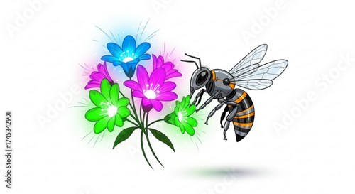 Illustration of a bee near a bouquet of glowing flowers in blue, green, and pink colors with white background