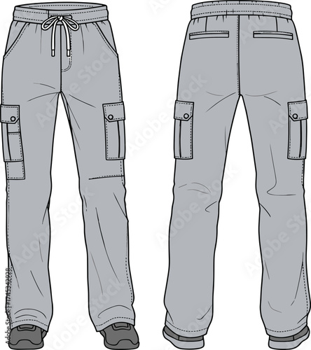 Cargo pants technical flat sketch, front and back view, drawstring waist, flap pockets, relaxed fit, casual apparel, cad drawing flat vector illustration