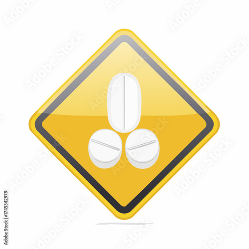 Yellow warning sign with pills forming a phallic symbol representing male sexual health and potency