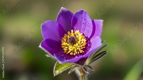A stunning close-up of a vibrant purple wildflower, its delicate petals adorned with tiny water droplets, glistening under bright natural light. The soft, blurred green background emphasizes the flowe