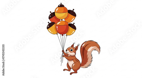 Cartoon squirrel holding a bunch of acorn shaped balloons with brown and orange colors on a white background