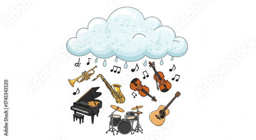 Musical instruments under a cloud raining music notes including piano guitar and wind instruments shown