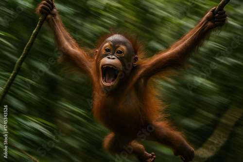 A dynamic action shot of a baby orangutan swinging through the trees. The motion blur in the background, capturing the lively spirit of a young primate in its jungle home