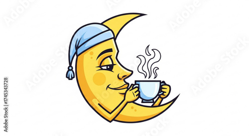 Cartoon moon character wearing a nightcap and holding a steaming cup of coffee against white background