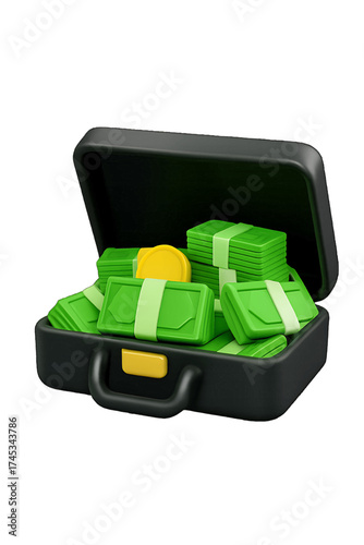 Black briefcase with bundled green banknotes and gold coins isolated on transparent background highlighting finance and cash concept