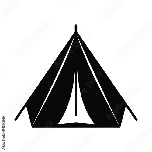 Minimalist black silhouette icon of a traditional camping tent, symbolizing outdoor adventure, travel, and wilderness survival