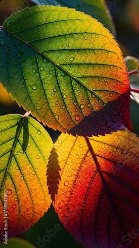A stunning macro close-up captures a cluster of vibrant leaves undergoing a beautiful autumnal transformation, displaying a rich gradient of colors from lush green to warm yellow, fiery orange, and de