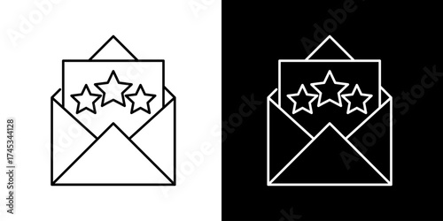 Vector line icon of an open envelope containing a paper with three stars representing feedback, rating, or customer review message in minimalist black and white outline style