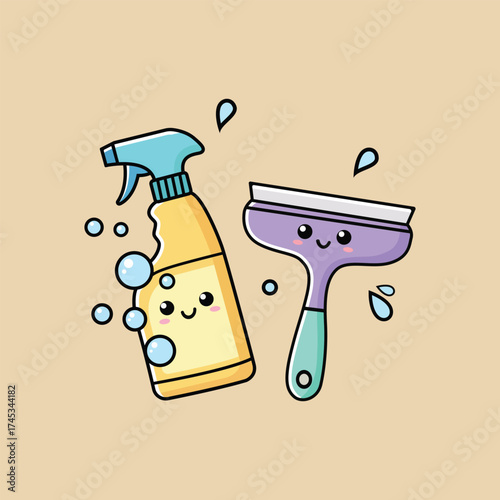 Cute Cartoon Cleaning Spray Bottle and Squeegee Vector Illustration