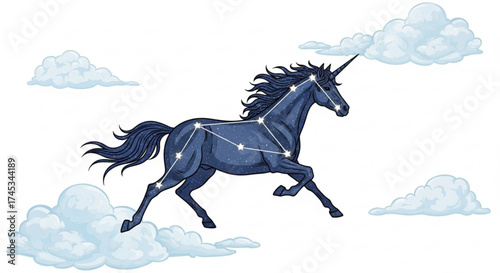 A celestial unicorn with star constellations gallops through fluffy clouds in a whimsical illustration