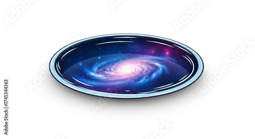 Oval shaped dish containing a vibrant galaxy with swirling colors and bright stars on a white background