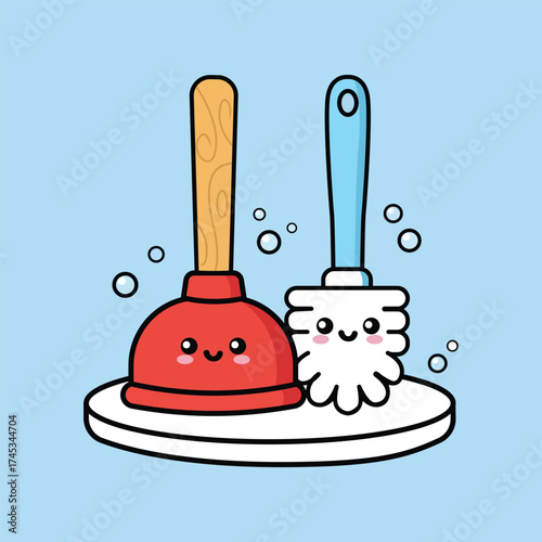 Cute Cartoon Toilet Plunger and Brush with Smiling Faces Vector Illustration
