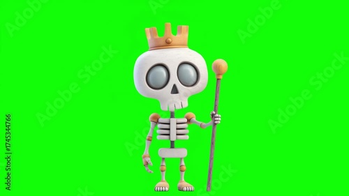 Happy halloween A playful cartoon skeleton king stands with a crown and staff  green screen background seamless looping video motion 4k, ideal for Halloween promotions, kids' themes
